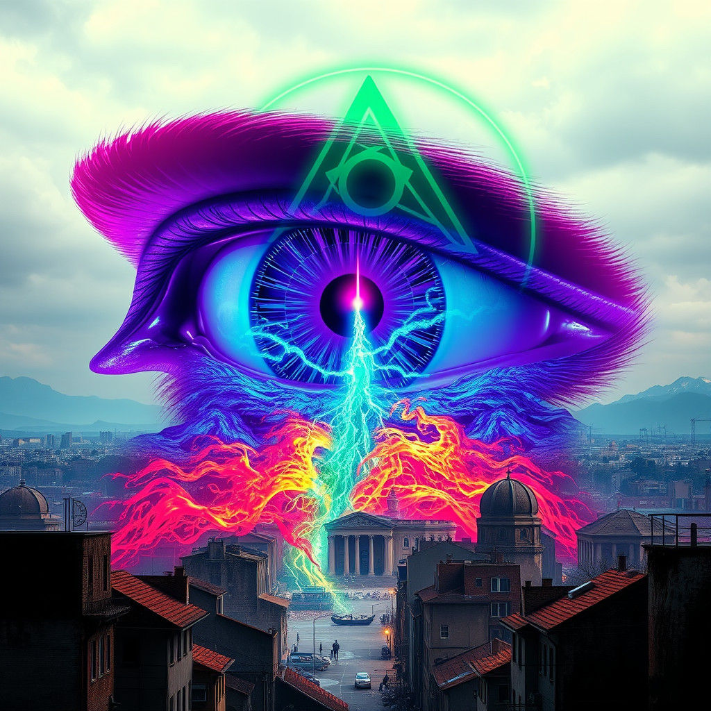 Surreal Eye Floats Above City in Cyberpunk Style