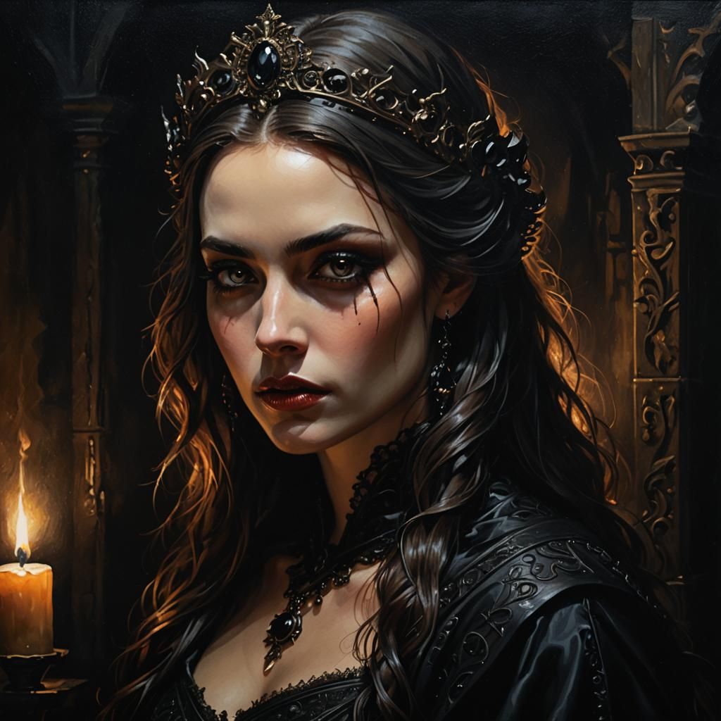 Sensual Woman in Dark Fantasy Portrait, Oil Painting Style