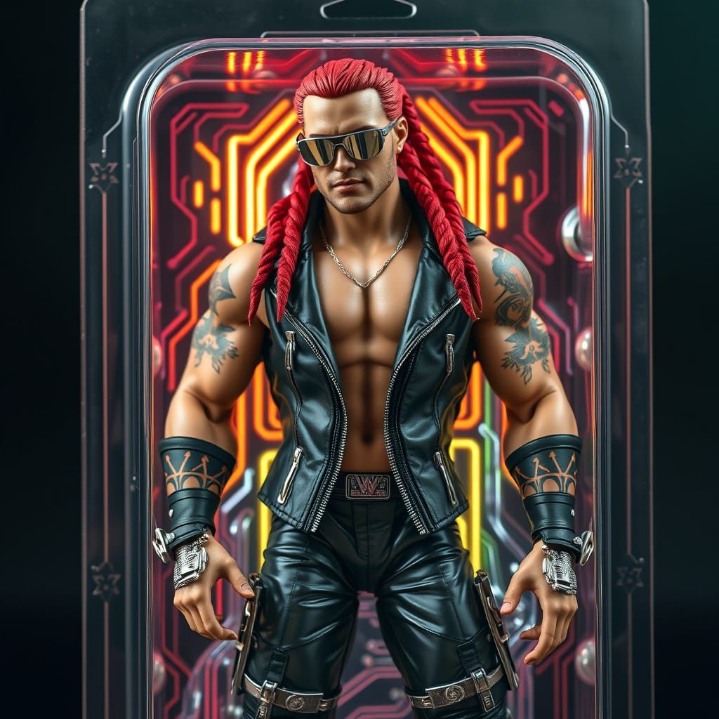 Cyberpunk Wrestler Action Figure in Neon Futuristic Packagin...
