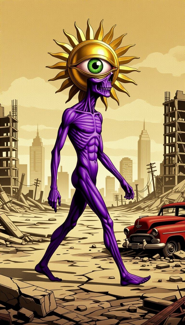 Surreal Post-Apocalyptic Figure with Sunburst Head Illustrat...