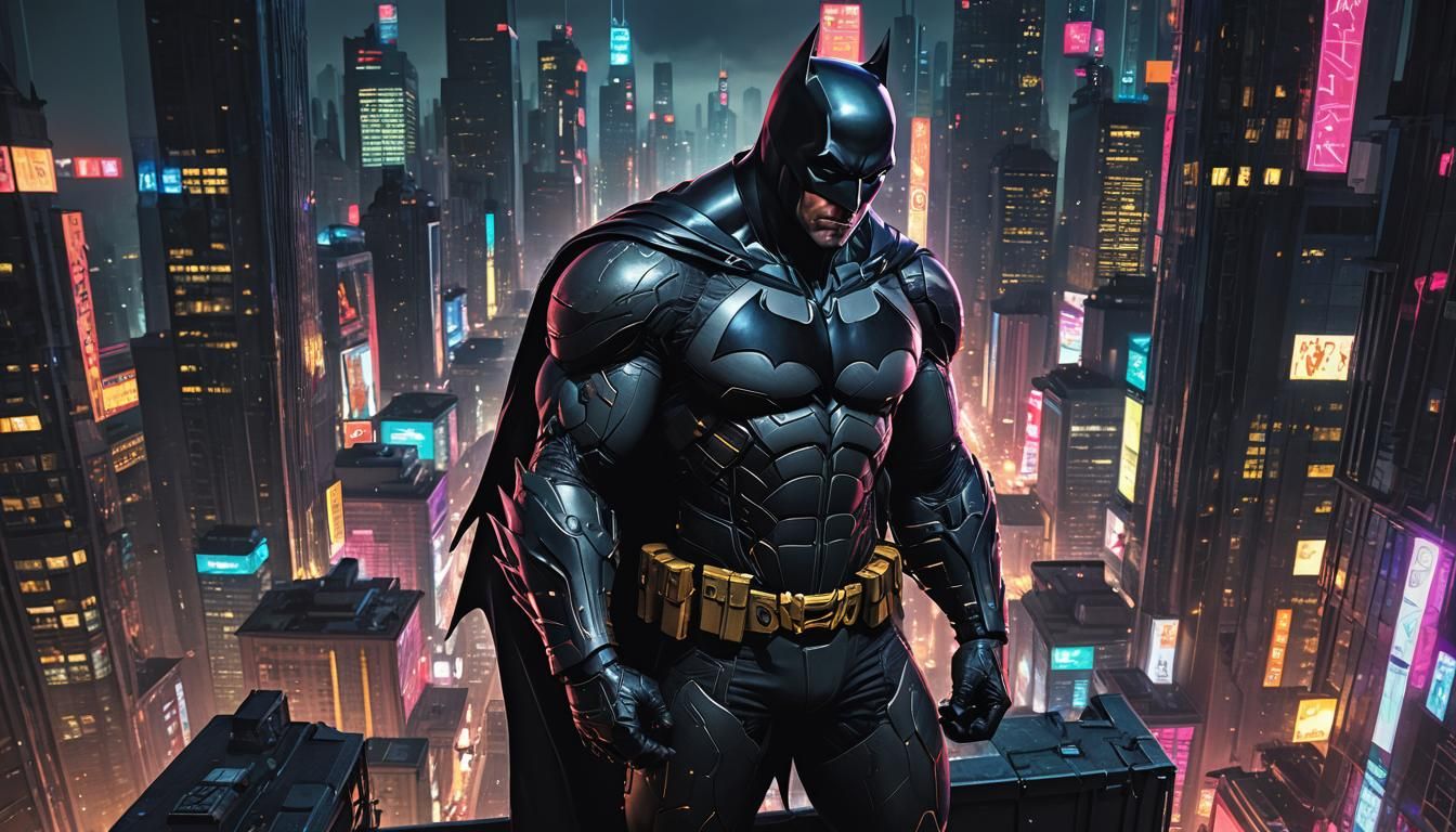 Batman in Neon Cityscape: Photorealistic Sci-Fi Art