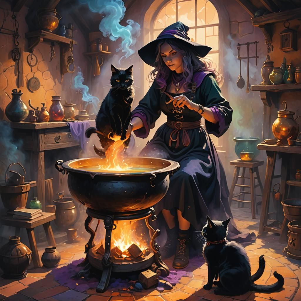 Witch and Cat Stirring Cauldron: Oil Painting