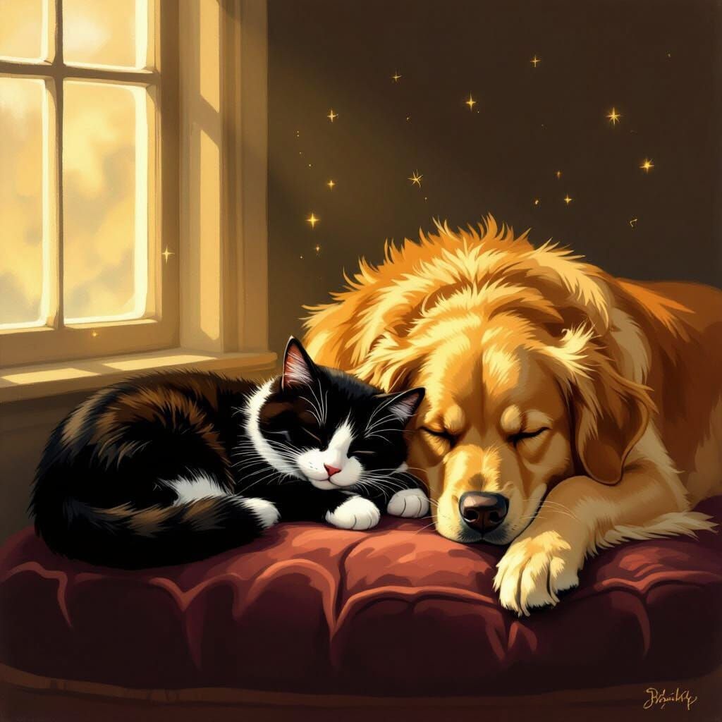 Tuxedo Cat and Golden Retriever Nap in Storybook Style