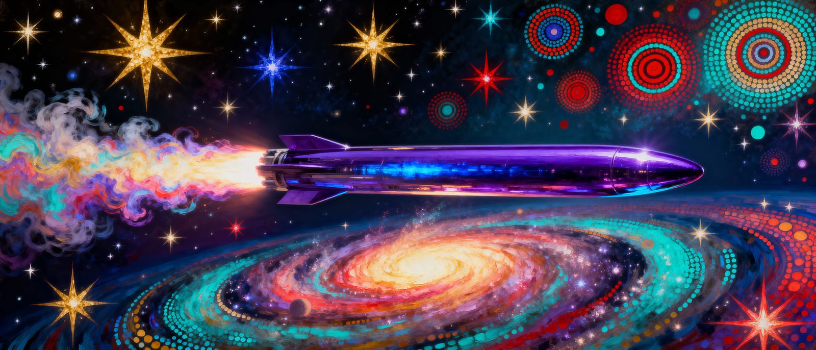 Sleek Violet Cylinder Soars Through Cosmic Vortexes