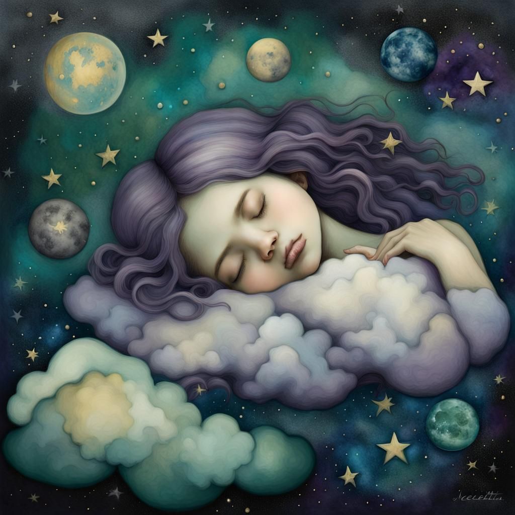 Surreal Girl Sleeping on Cloud in Starry Sky