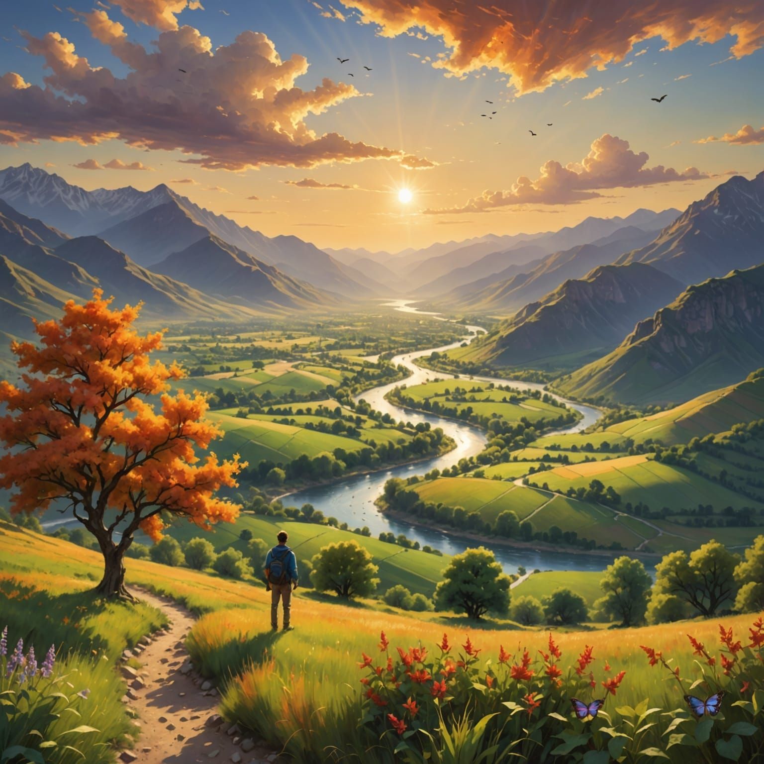 Ethereal River Valley Sunset Landscape