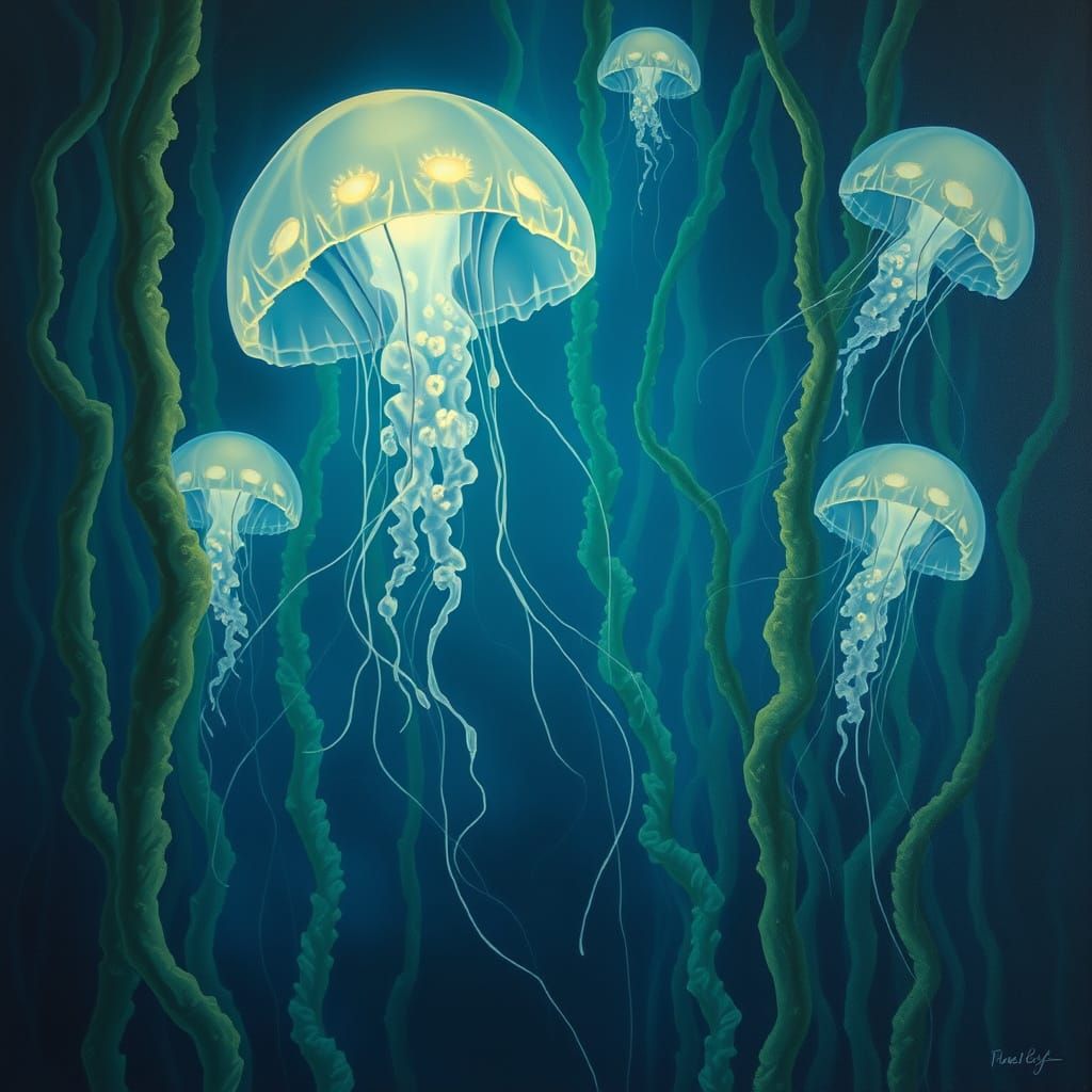 Bioluminescent Jellyfish in Surreal Kelp Forest