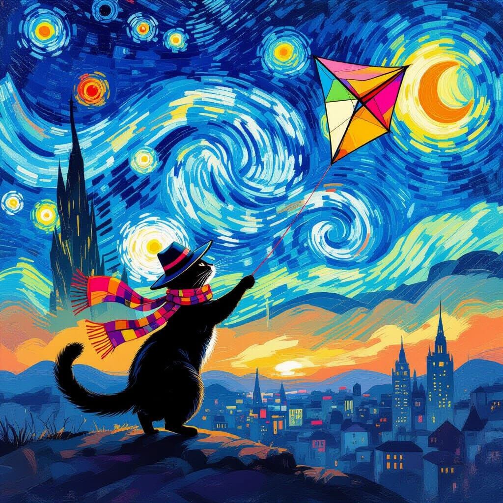 Cat Flying Kite in Abstract Starry Night Cityscape