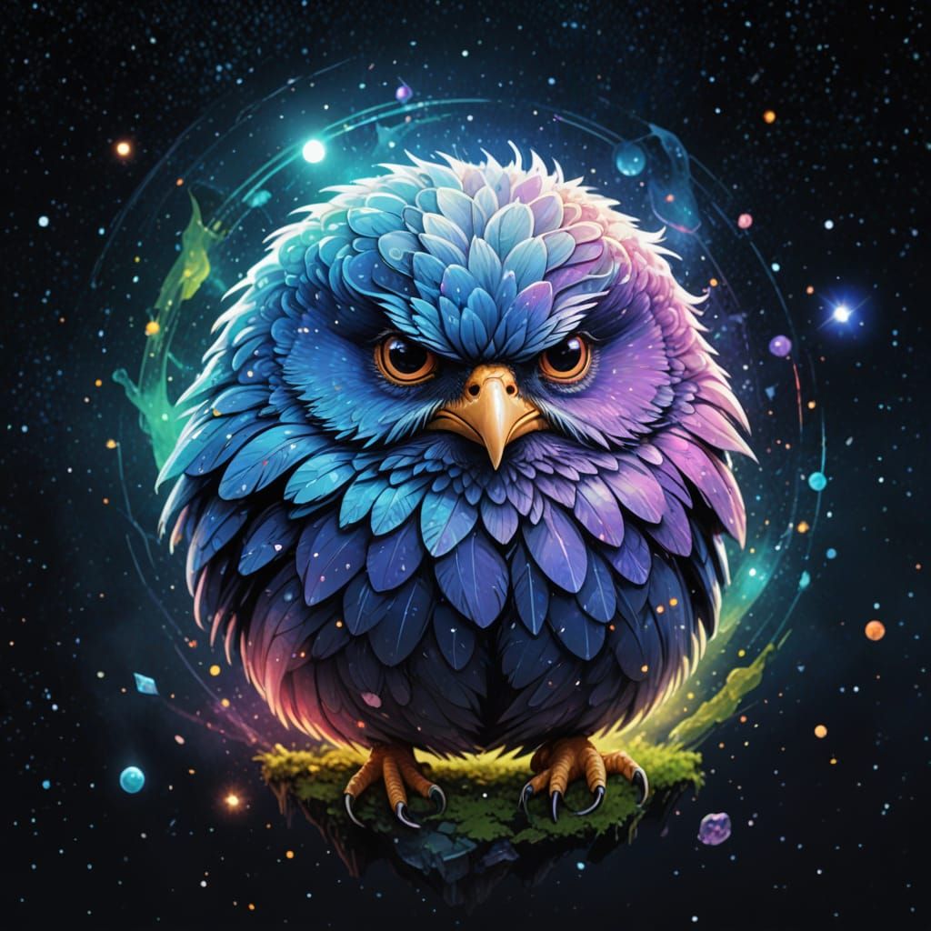 Grumpy Chick in Astral Cosmic Illustration