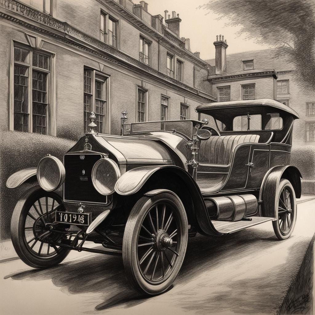 1914 Prince Henry Car in London: Charcoal Drawing
