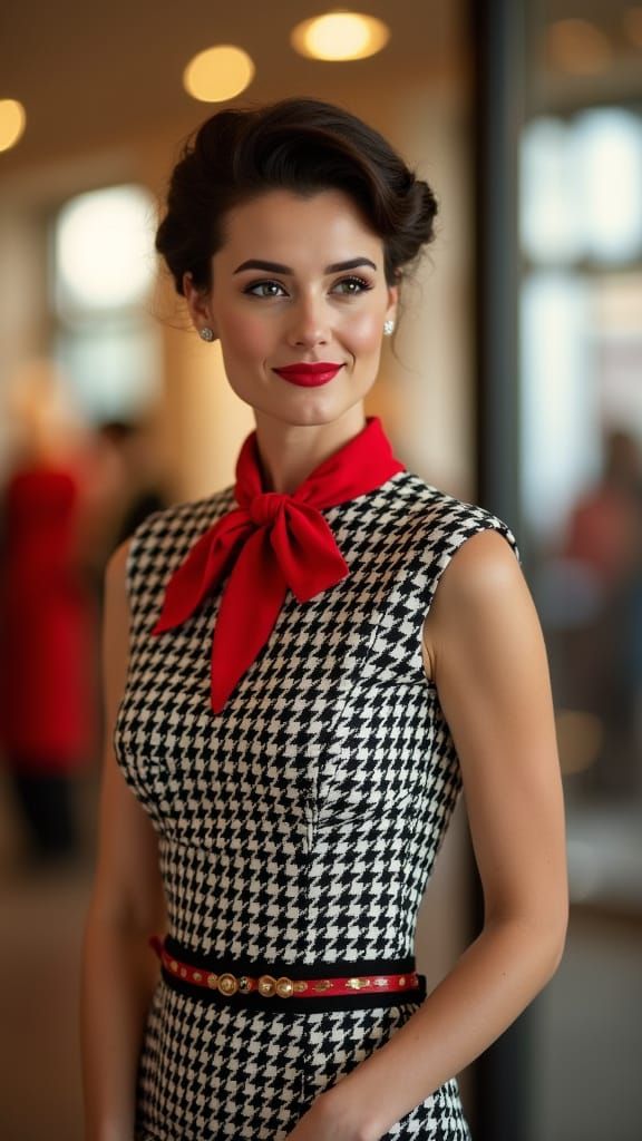 Elegant Woman in Houndstooth Dress, Vintage Style