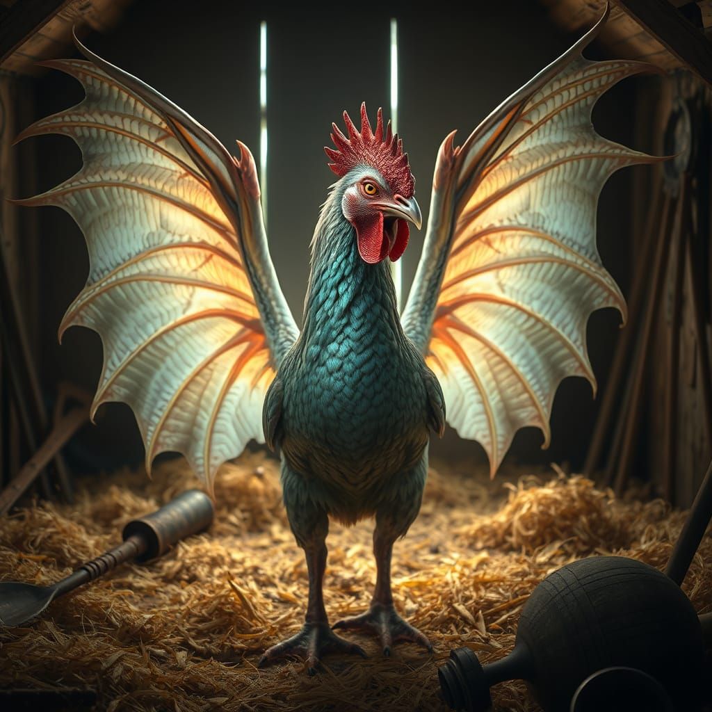 Hyper-Realistic Dragon-Chicken Hybrid in Rustic Coop