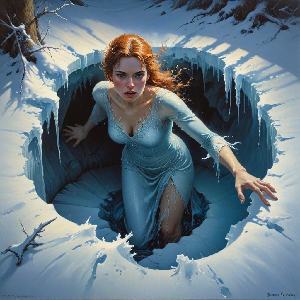 Frosty Woman Emerging From Ice, Vintage Fantasy Painting