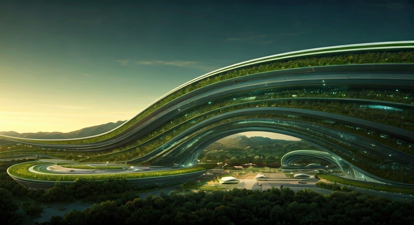 Sustainable Futuristic Air Mobility Hub in Lush, Green Lands...