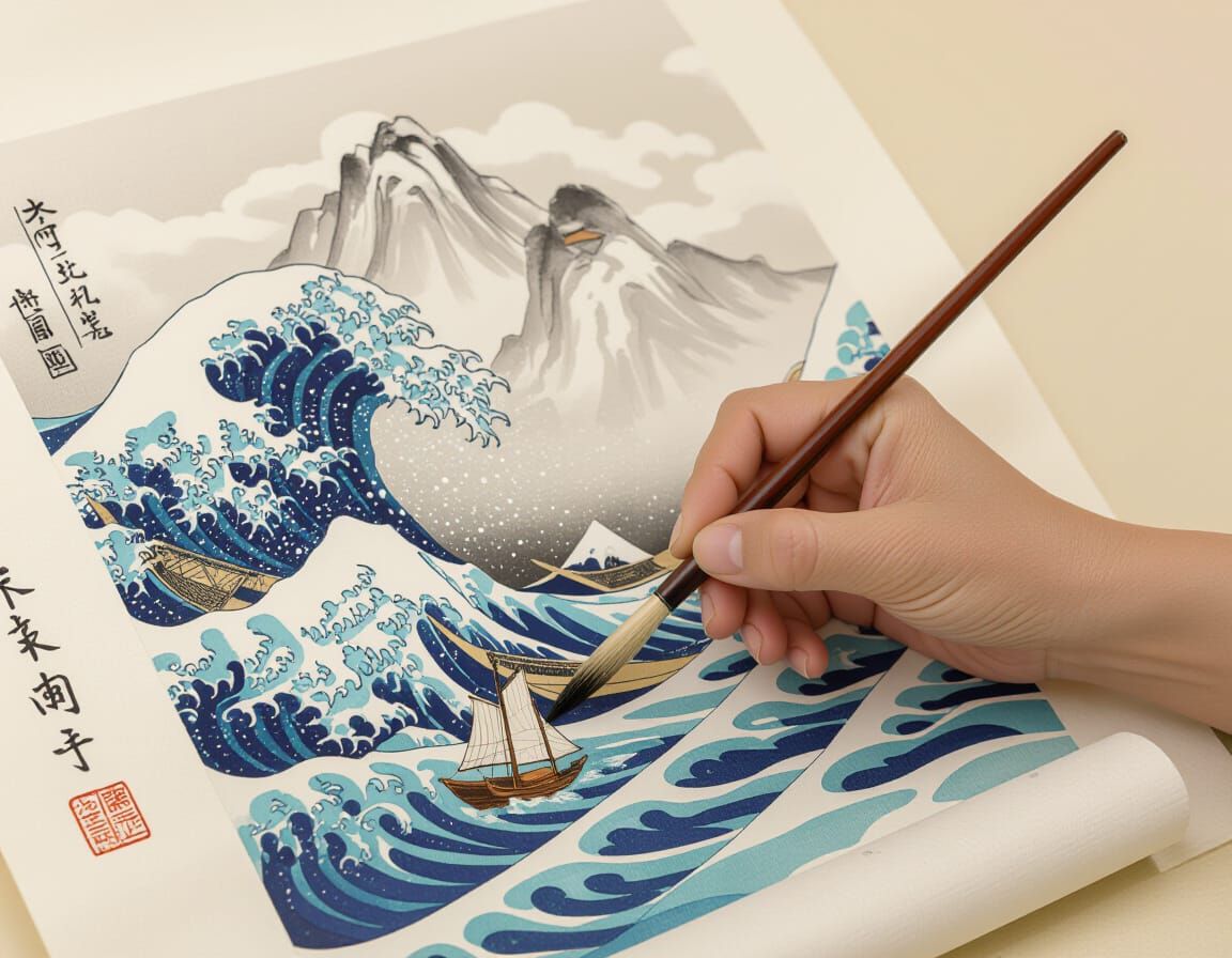 Traditional East Asian Ink Painting of Mountain Landscape