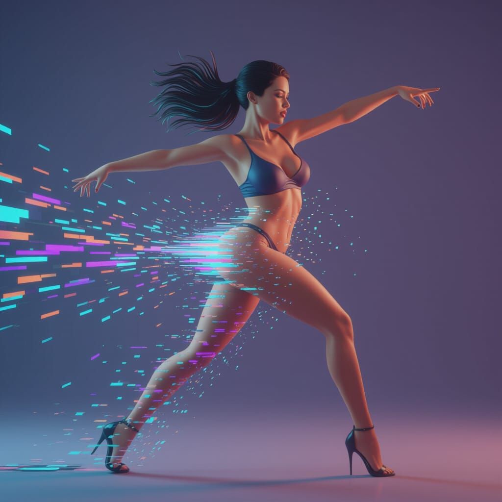 Woman in Motion Dissolving into Digital Glitches