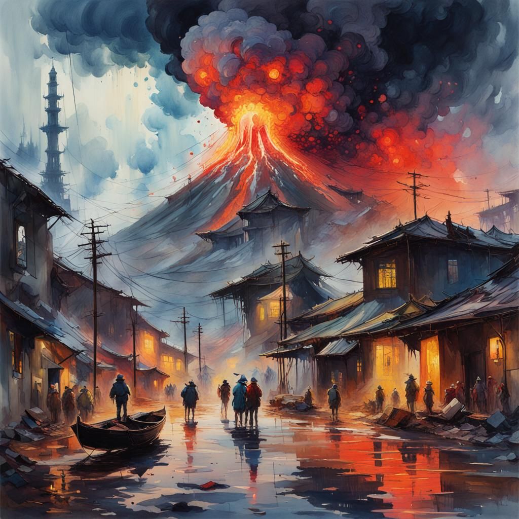 Volcanic Eruption During Thunderstorm in Watercolour Style