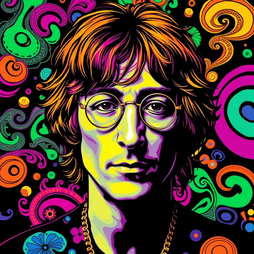 Psychedelic Dayglo John Lennon Black Velvet Poster Art