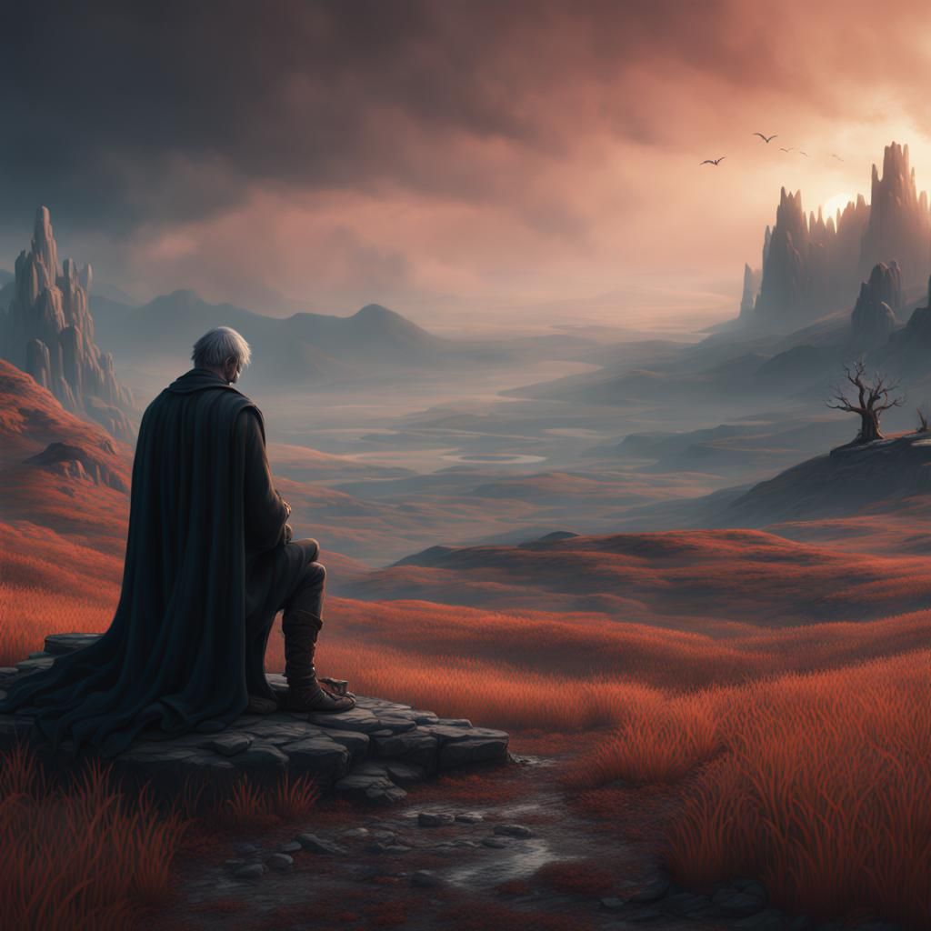 Mourning Man in Lonely Fantasy Landscape