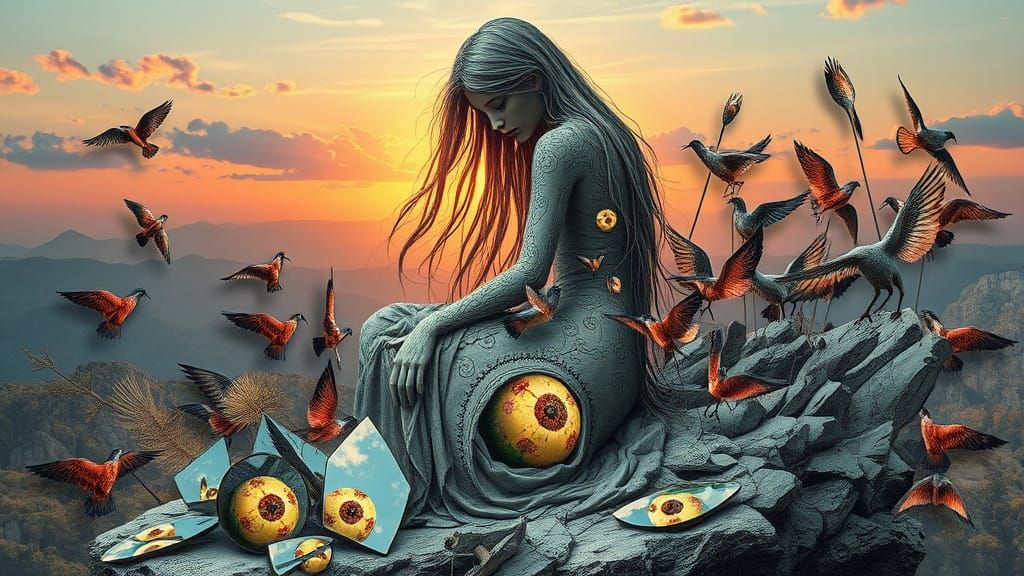 Surreal Fragmented Goddess Unites Shattered Mirrors in a Vib...