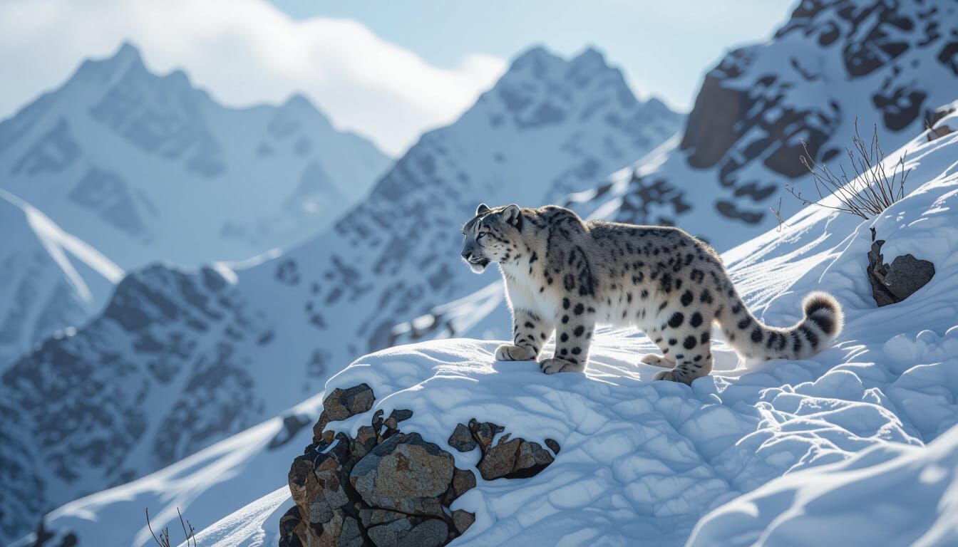 Snow Leopard Hunts on Mountain Ridge: Cinematic Film Still