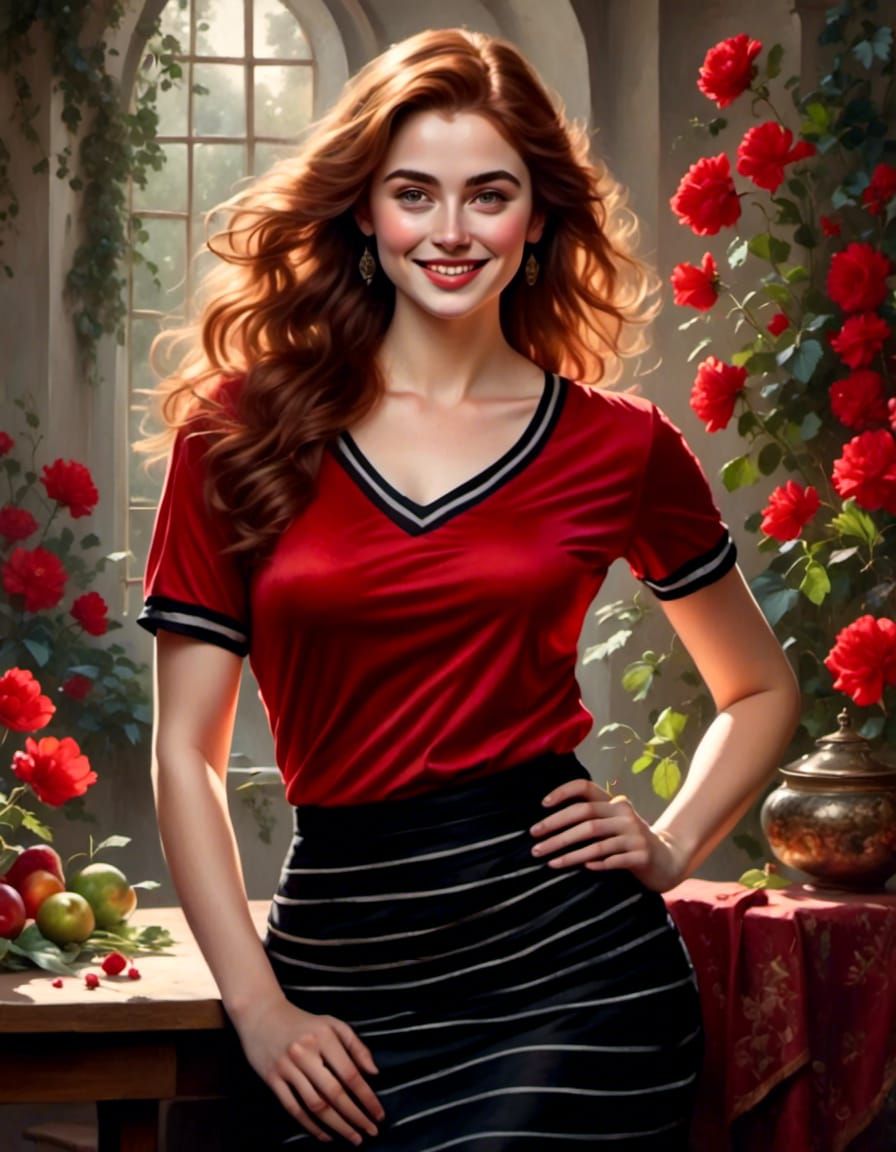 Curvy Woman with Auburn Hair in Red Velvet Shirt