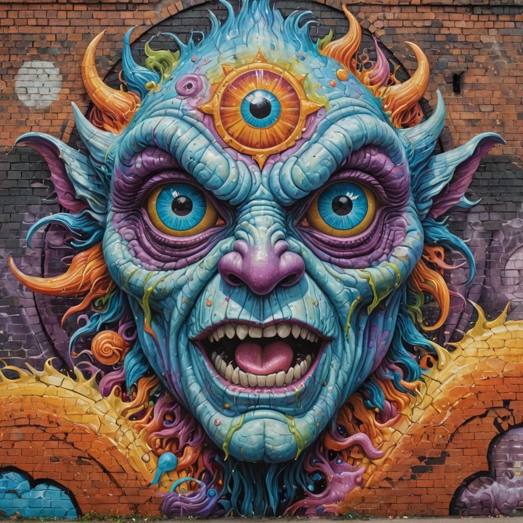 Psychedelic Monster Mural on Brick Wall in Trompe-l'oeil Sty...