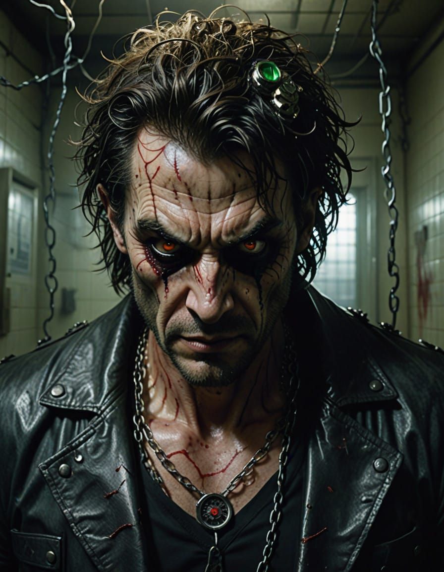 Futuristic Madman in Chains, Eerie Psych Ward Scene