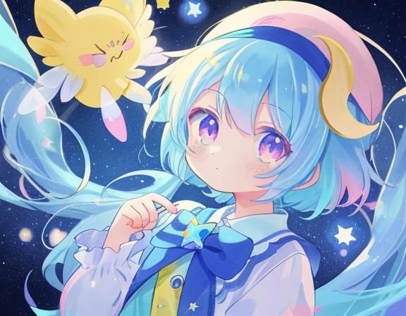 character design pastel-colored, yellow-blue hair, pink eyes...