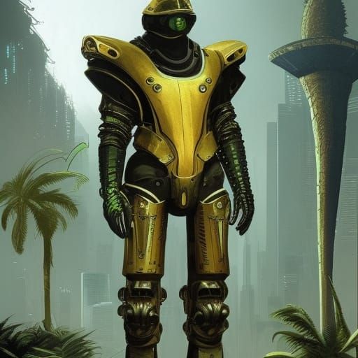 Cyberpunk Armor in Tropical Jungle Street