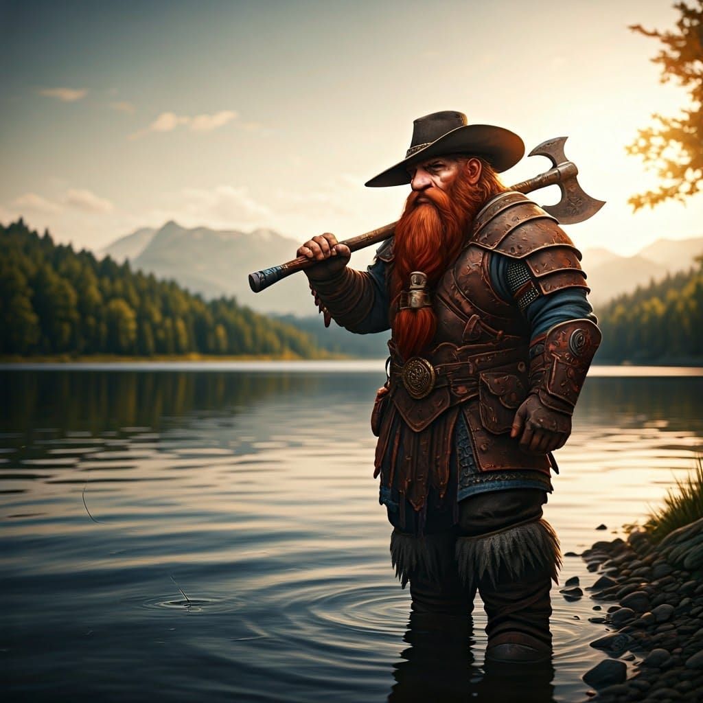 Dwarf Fisherman with Axe at Serene Lake