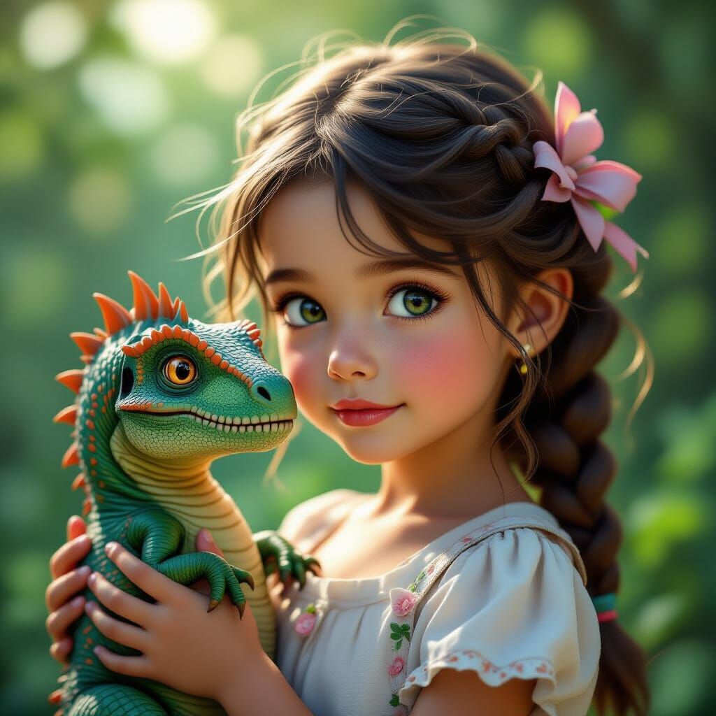Girl and Dinosaur Pet Portrait in Art Nouveau Style