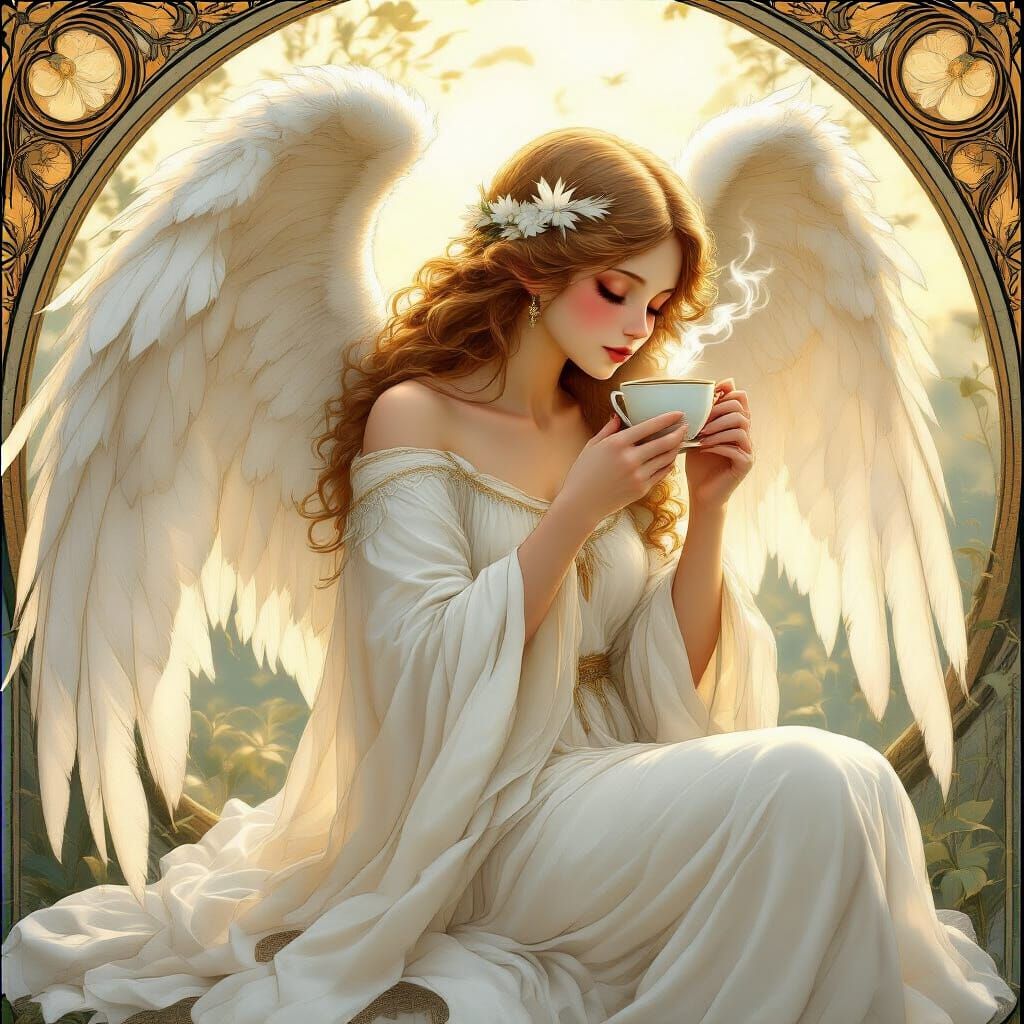 Angel Drinking Coffee, Art Nouveau Style