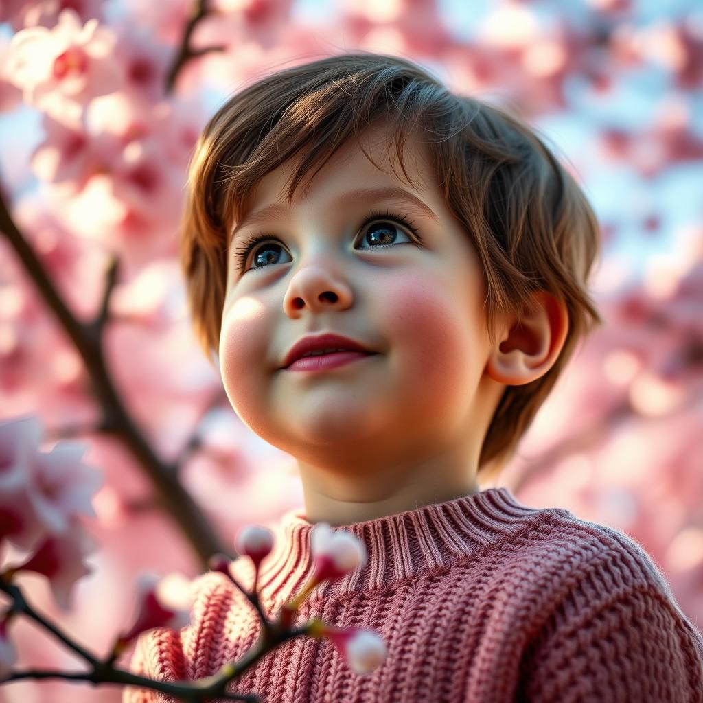 Child Gazing at Cherry Blossoms in Hyperrealistic Style