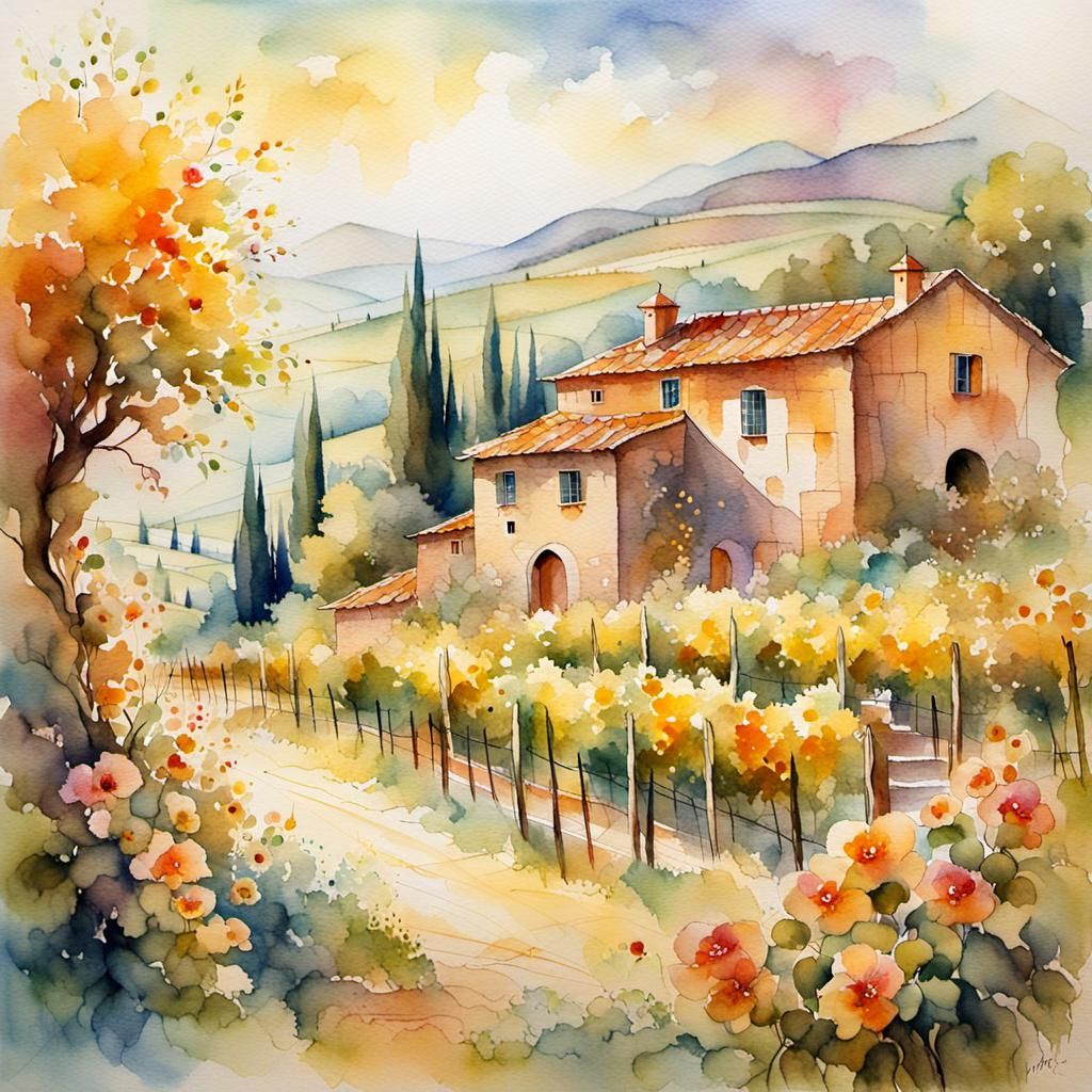 Italian Vineyard Village in Watercolor Style