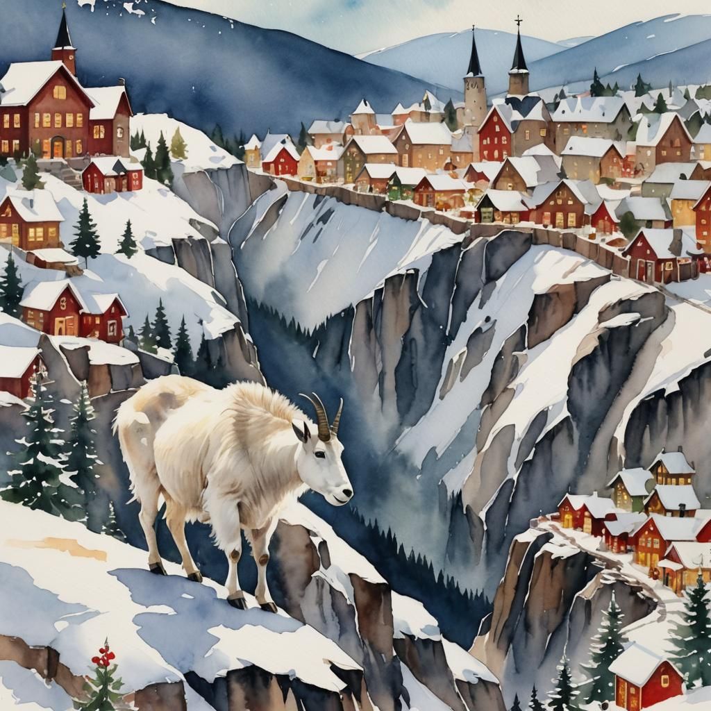 Vintage Watercolor Christmas Scene with a Majestic Mountain....