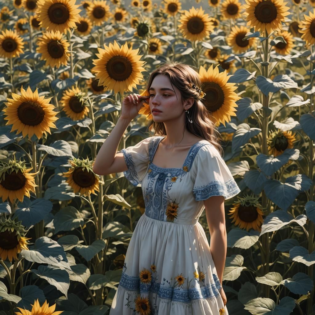 Girl in Sundress Smelling Sunflower, Detailed Digital Art