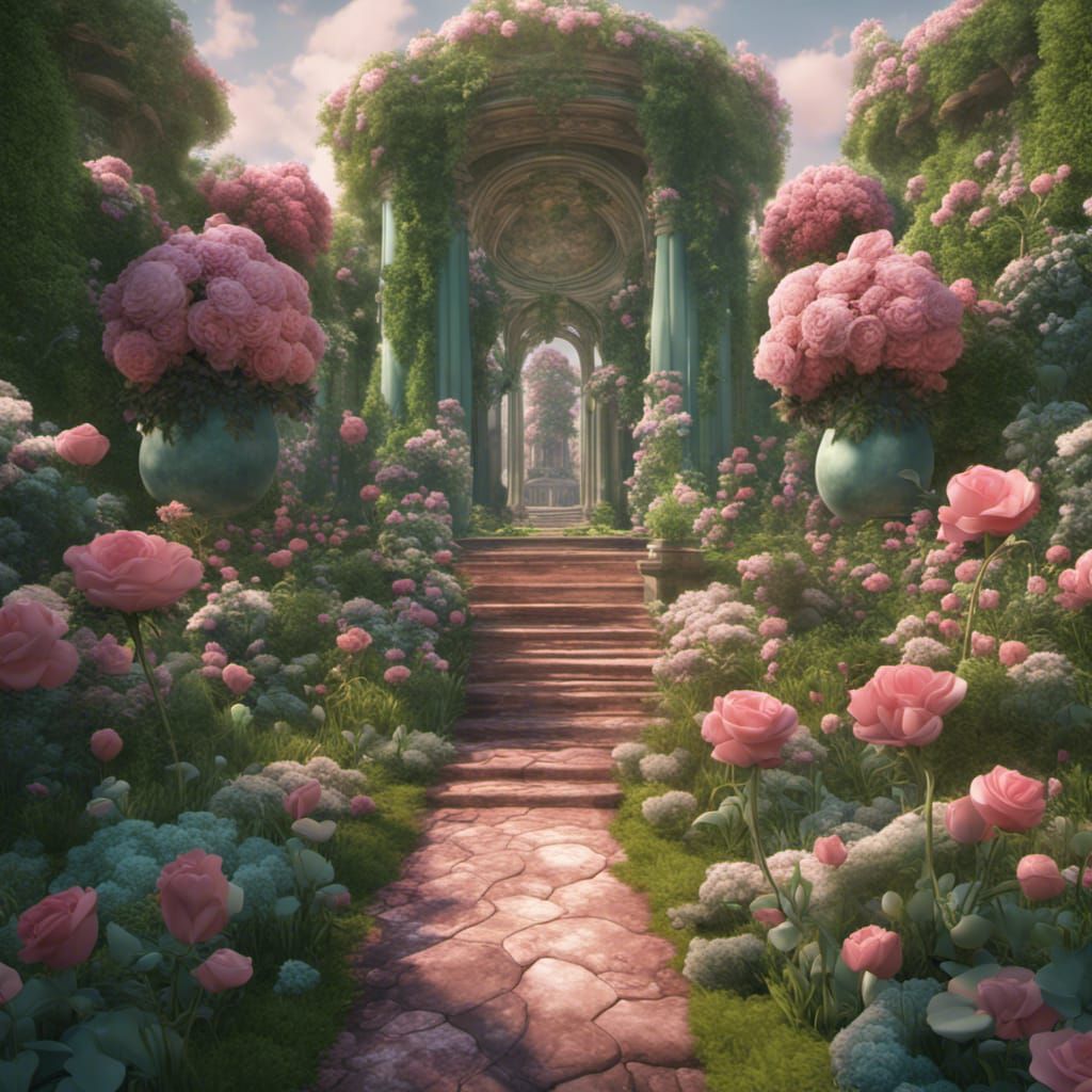 Lush Green Rose Garden: A Detailed Matte Painting