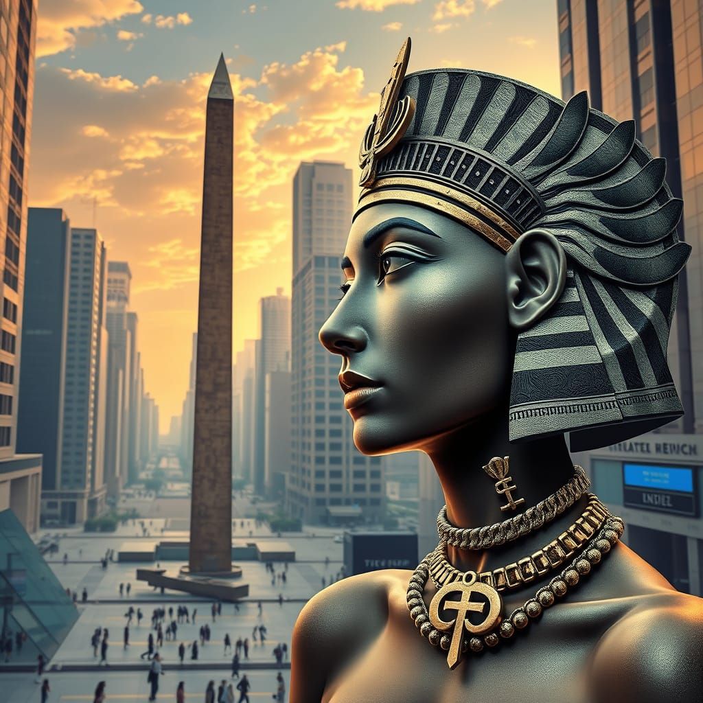 Egyptian Symbols Meet Modern Cityscape in Graphic Realism