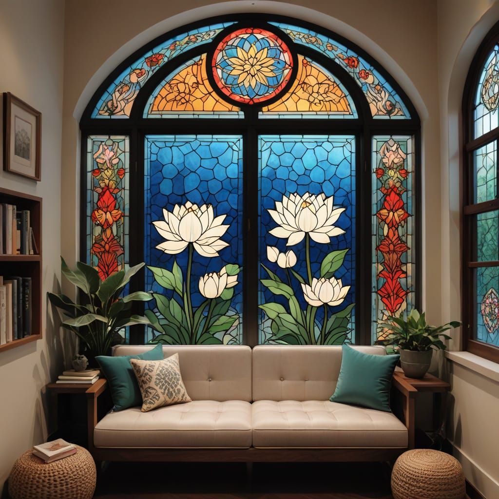 Cozy Reading Nook with Lotus Stained Glass