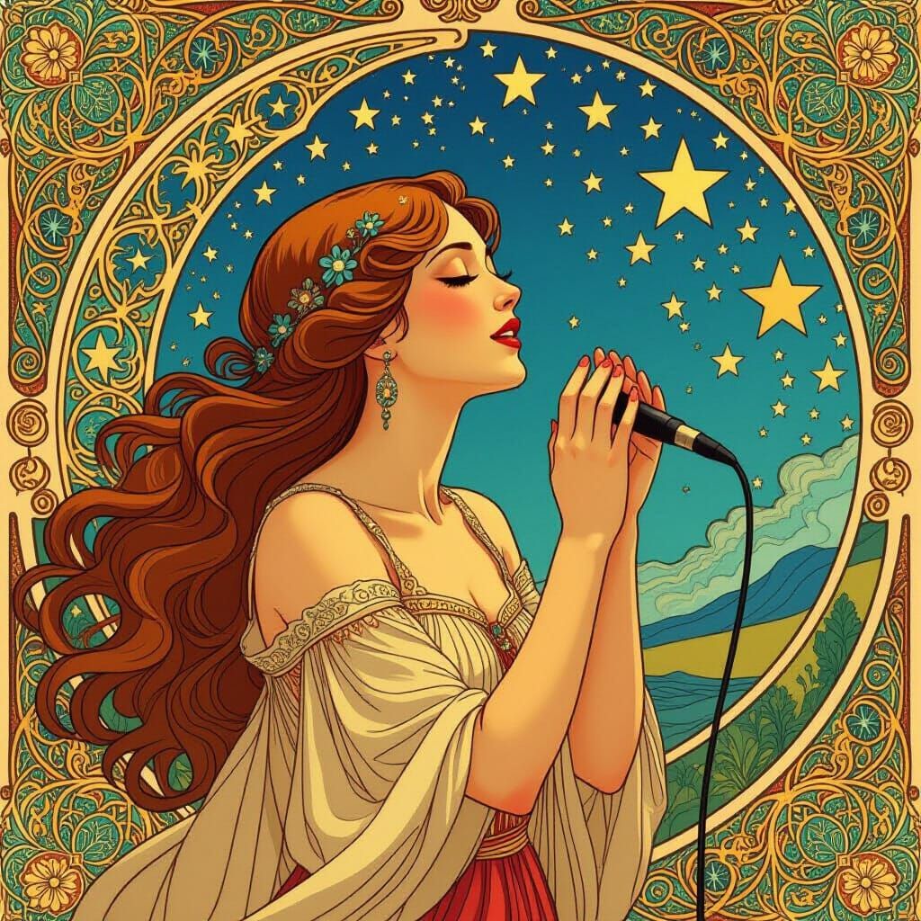 Woman Singing Among Stars in Art Nouveau Style