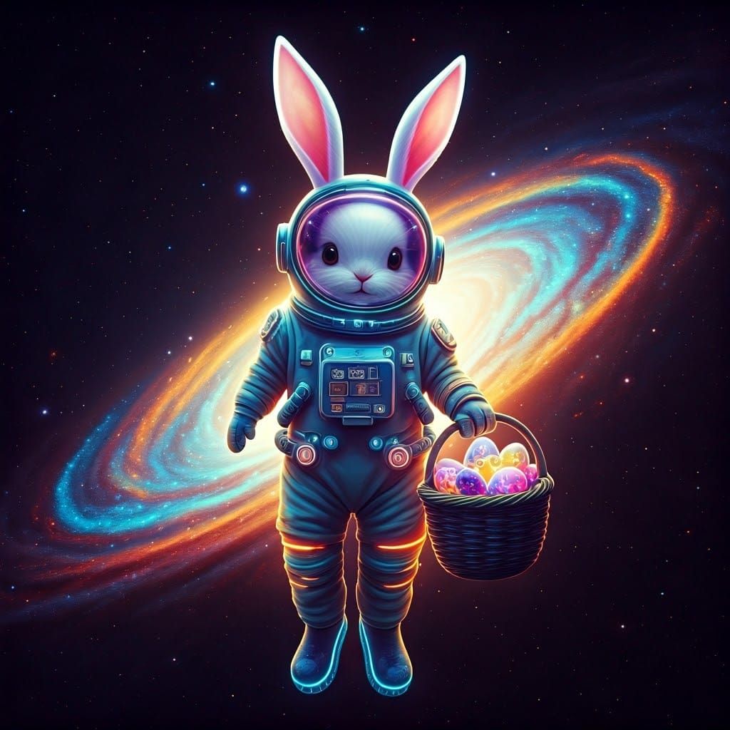 Easter Bunny Astronaut in Vibrant Cosmic Wonderland