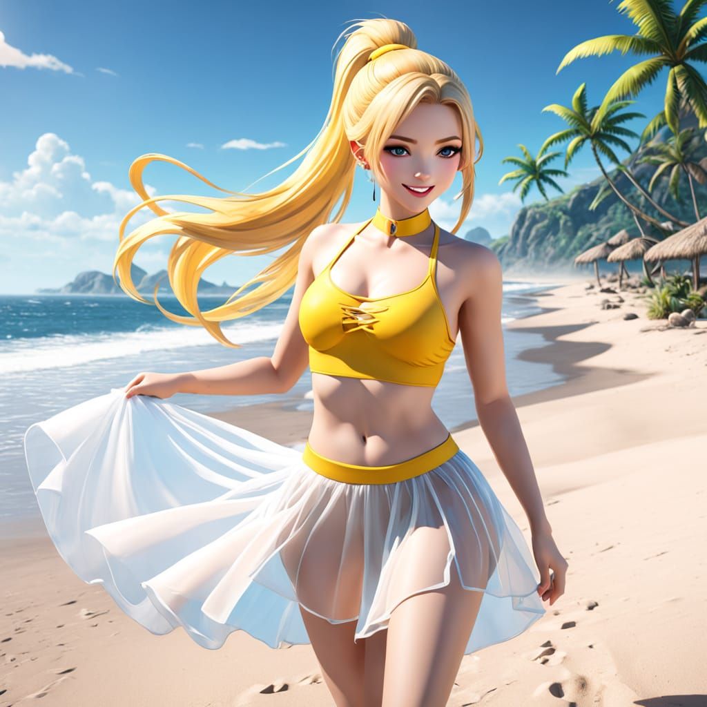 Sultry Summer Goddess Strolls on Sun-Kissed Beach in Vibrant...