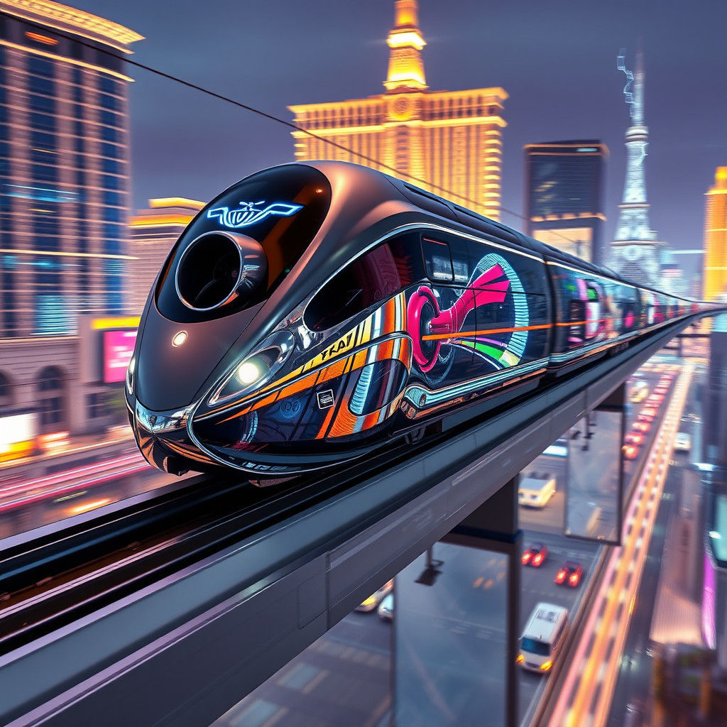 Futuristic Chrome Monorail Speeds Through Las Vegas