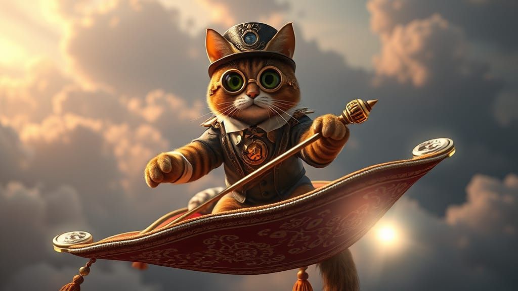 Flying carpet with a cat-pilot in steampunk suit, hat and glasses. Carpet with highlight engine.