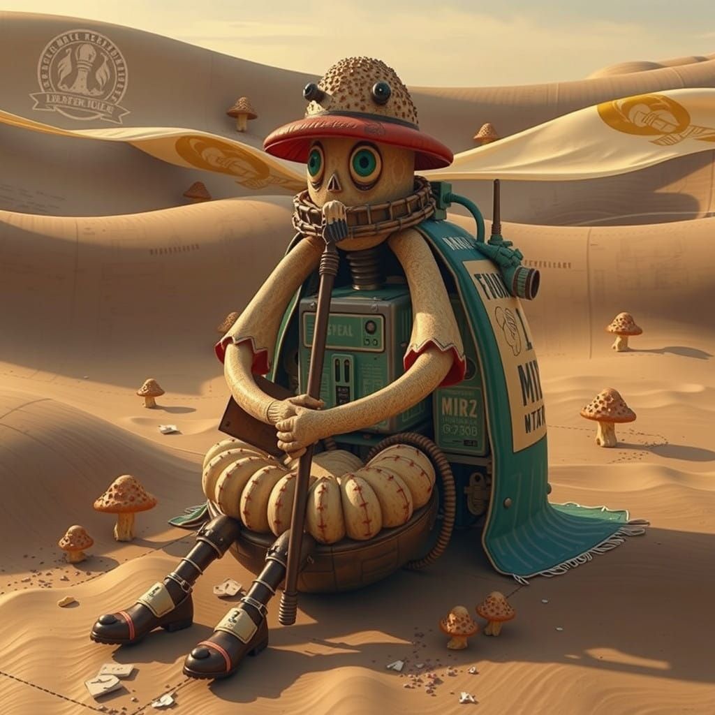 Vibrant Linocut Mushroom Flags in a Futuristic Scene