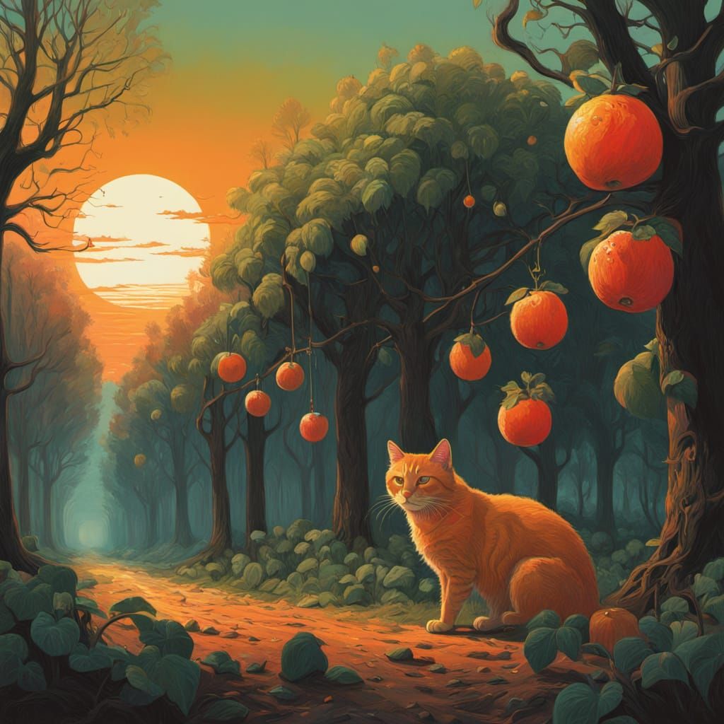 Garfield Cat Enjoying Watermelons in Sunset Orchard