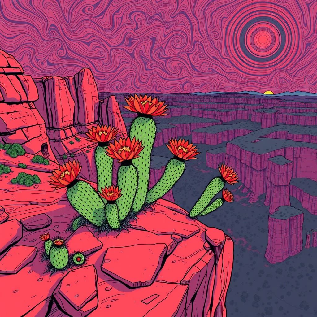 Peyote Buttons with Red Flowers on Stone Cliff