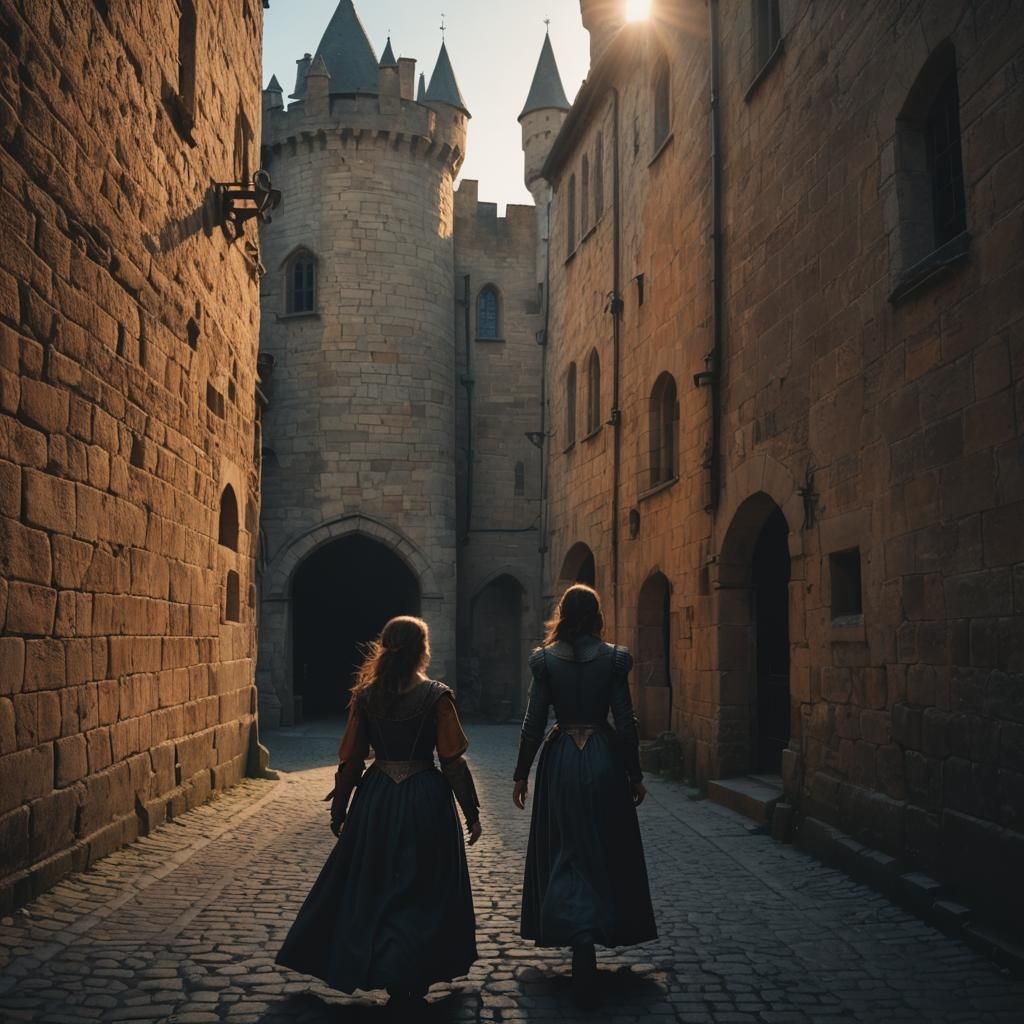 Woman Flees Medieval Scene in Chiaroscuro Style