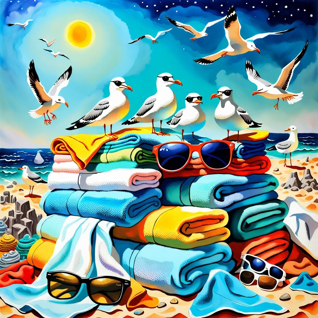 Surreal Galactic Seagulls in Watercolor Diorama